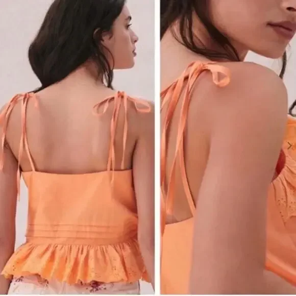MARE MARE x ANTHROPOLOGIE Orange Tie-Strap Tiered Eyelet Top // M - Picture 2 of 10